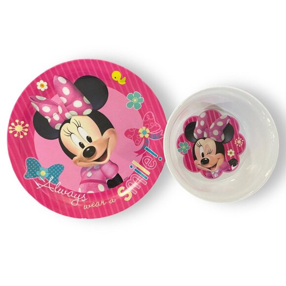 Minnie Mouse Kids Plate & Bowl Set Always Wear A Smile Pink & White - Picture 1 of 4